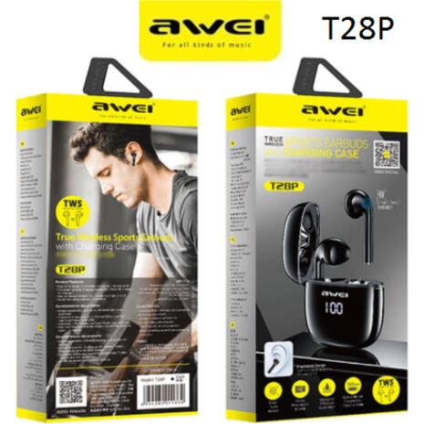 Ασύρματα ακουστικά AWEI με θήκη φόρτισης T28P, True Wireless, μαύρα